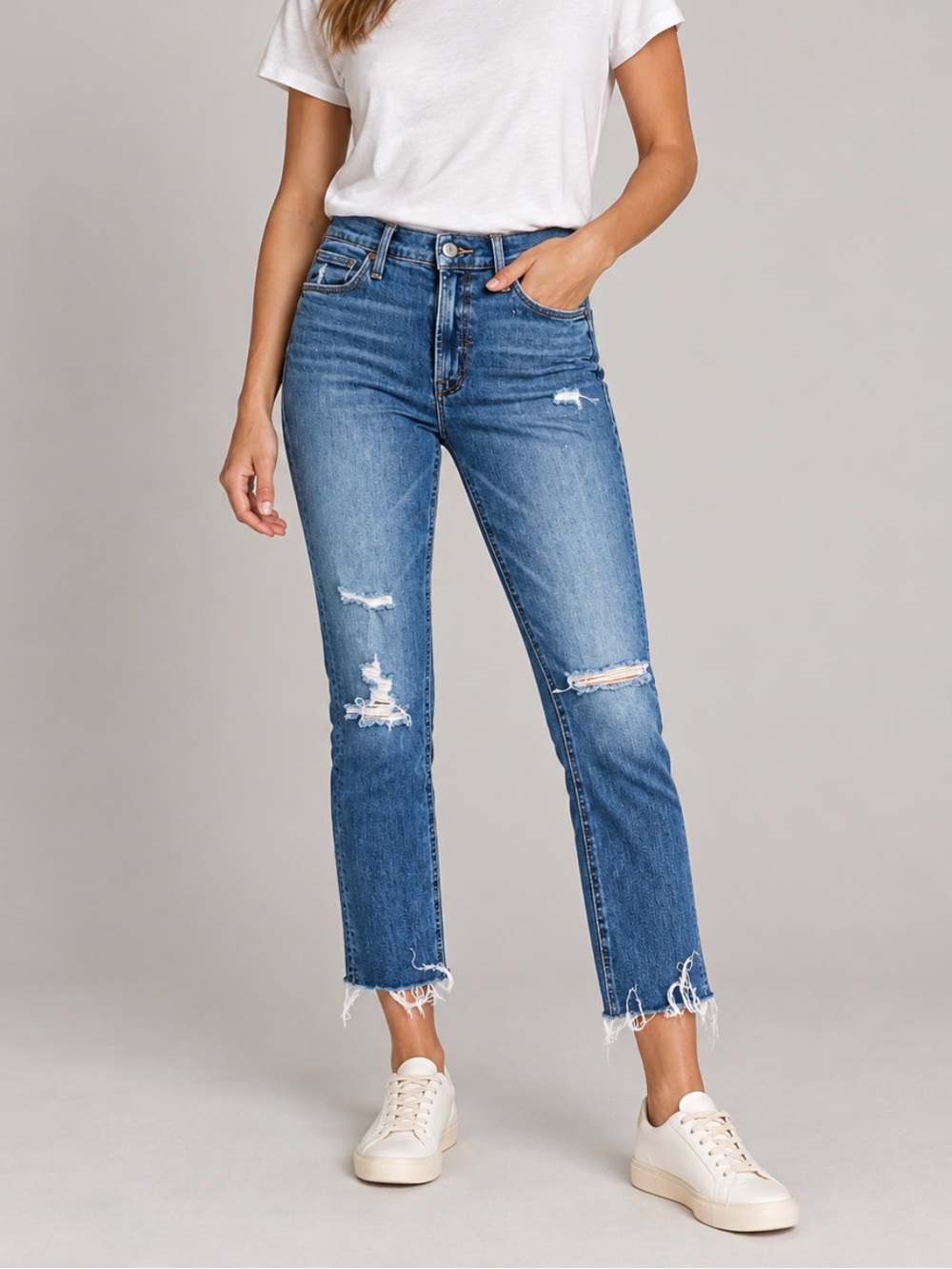 MOTHER High-Rise Distressed Straight-Leg Jeans in Blue Wash